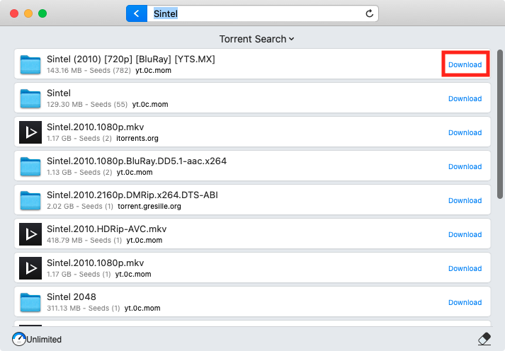 Built-in torrent search in Folx and Download button